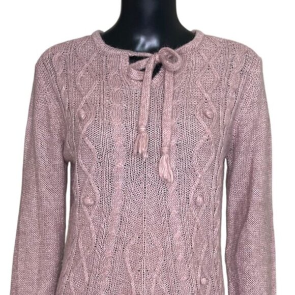 PrAna Shelby Poncho Cable Knit Fringe Sweater Mauve Pink Medium Boho Cozy Wool - Picture 5 of 8